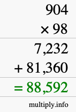 How to calculate 904 times 98 using long multiplication