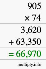 How to calculate 905 times 74 using long multiplication
