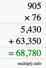 How to calculate 905 times 76 using long multiplication