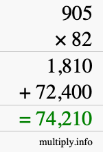 How to calculate 905 times 82 using long multiplication