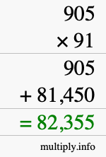 How to calculate 905 times 91 using long multiplication