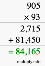 How to calculate 905 times 93 using long multiplication