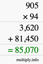 How to calculate 905 times 94 using long multiplication