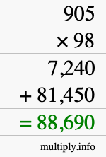 How to calculate 905 times 98 using long multiplication