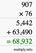 How to calculate 907 times 76 using long multiplication