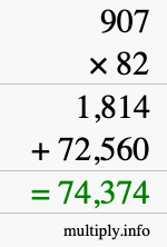 How to calculate 907 times 82 using long multiplication