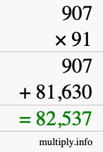 How to calculate 907 times 91 using long multiplication