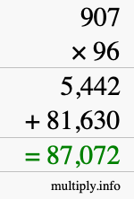 How to calculate 907 times 96 using long multiplication