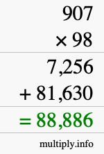 How to calculate 907 times 98 using long multiplication