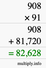 How to calculate 908 times 91 using long multiplication