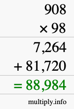 How to calculate 908 times 98 using long multiplication