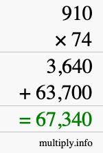 How to calculate 910 times 74 using long multiplication