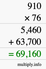 How to calculate 910 times 76 using long multiplication