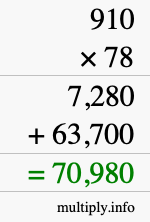 How to calculate 910 times 78 using long multiplication