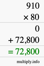 How to calculate 910 times 80 using long multiplication