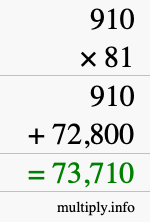 How to calculate 910 times 81 using long multiplication