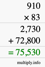 How to calculate 910 times 83 using long multiplication