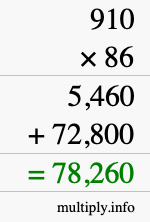 How to calculate 910 times 86 using long multiplication