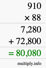 How to calculate 910 times 88 using long multiplication