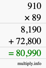 How to calculate 910 times 89 using long multiplication