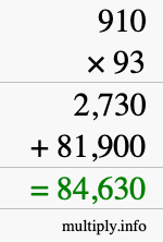 How to calculate 910 times 93 using long multiplication