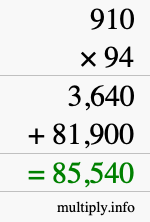 How to calculate 910 times 94 using long multiplication