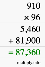 How to calculate 910 times 96 using long multiplication