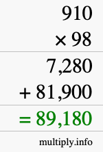 How to calculate 910 times 98 using long multiplication