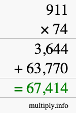 How to calculate 911 times 74 using long multiplication