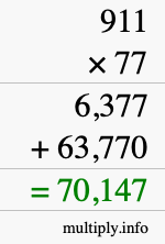 How to calculate 911 times 77 using long multiplication