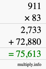 How to calculate 911 times 83 using long multiplication