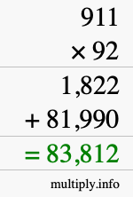 How to calculate 911 times 92 using long multiplication