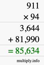 How to calculate 911 times 94 using long multiplication
