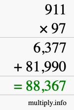 How to calculate 911 times 97 using long multiplication