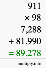 How to calculate 911 times 98 using long multiplication