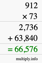 How to calculate 912 times 73 using long multiplication