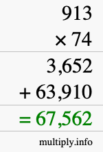 How to calculate 913 times 74 using long multiplication