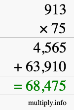 How to calculate 913 times 75 using long multiplication