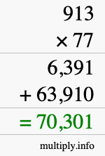 How to calculate 913 times 77 using long multiplication