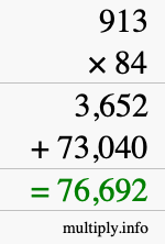 How to calculate 913 times 84 using long multiplication