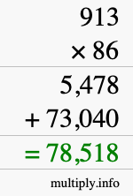 How to calculate 913 times 86 using long multiplication