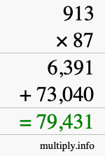How to calculate 913 times 87 using long multiplication