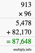How to calculate 913 times 96 using long multiplication