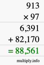 How to calculate 913 times 97 using long multiplication