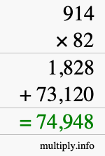 How to calculate 914 times 82 using long multiplication