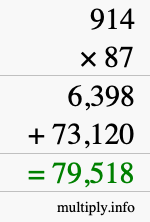 How to calculate 914 times 87 using long multiplication