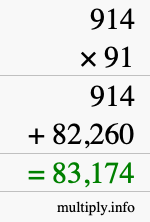 How to calculate 914 times 91 using long multiplication