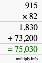 How to calculate 915 times 82 using long multiplication