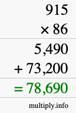 How to calculate 915 times 86 using long multiplication