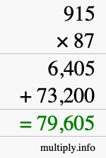 How to calculate 915 times 87 using long multiplication